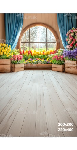 Tło fotograficzne z okrągłym oknem i wiosenną kompozycją tulipanów | E544